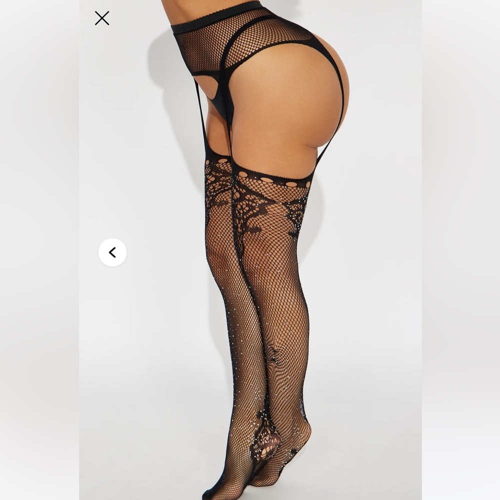 Elegant Black Lace Rhinestone Stockings & Attached Garter nwt O/S regular - Picture 2 of 2